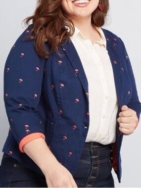 ModCloth Navy Blazer Red Umbrella Print Coral Lined Jacket Single Button Preppy
